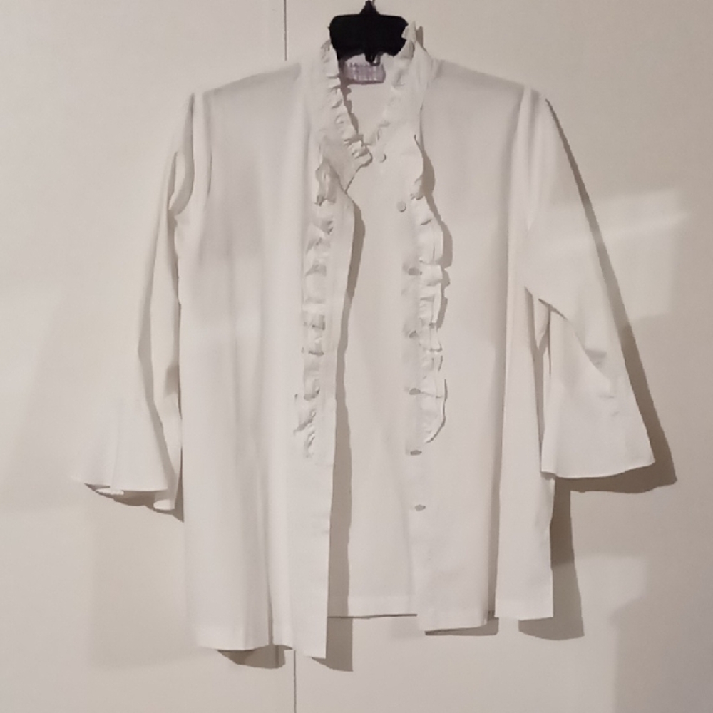 Diane Bailey Designs Elegant White Ruffled Blouse with 3/4 Sleeves